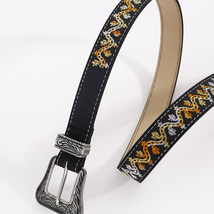 Cintura da donna in pelle con ricamo nero, arancione e bianco