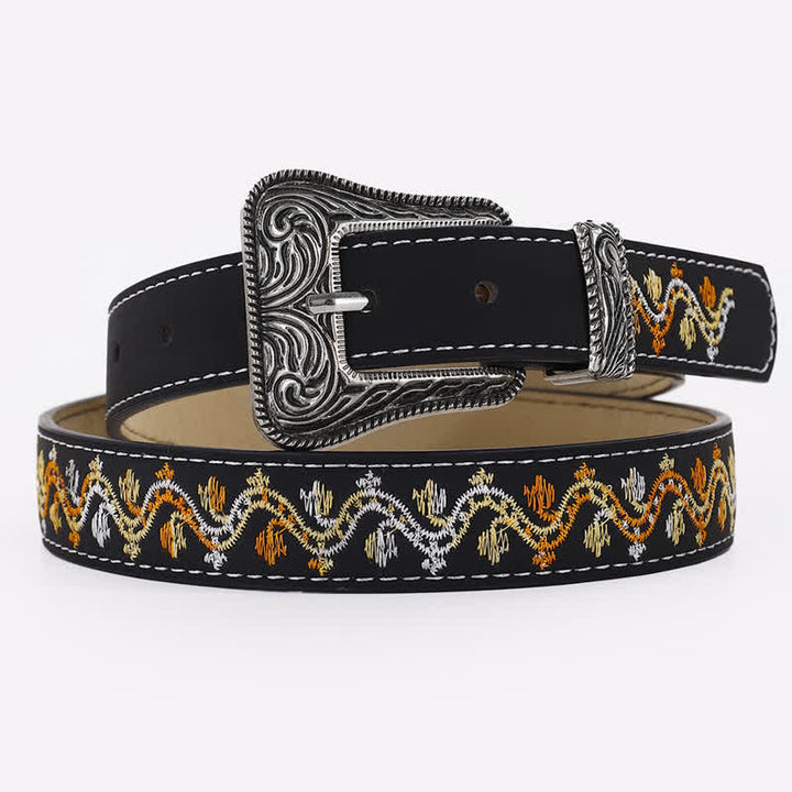 Cintura da donna in pelle con ricamo nero, arancione e bianco