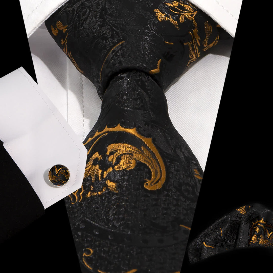 Set di 3 cravatte da uomo con ricamo Paisley squisito in oro e nero