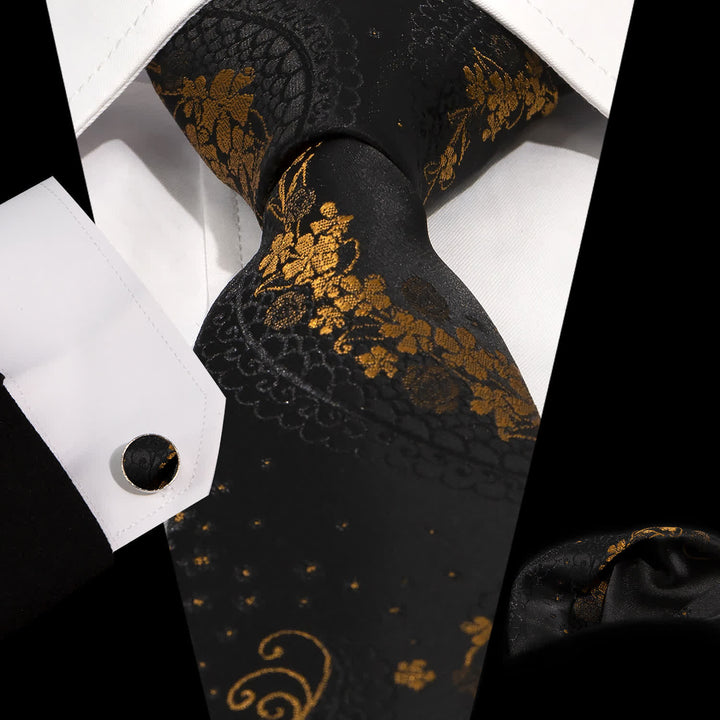 Set di 3 cravatte da uomo con ricamo Paisley squisito in oro e nero