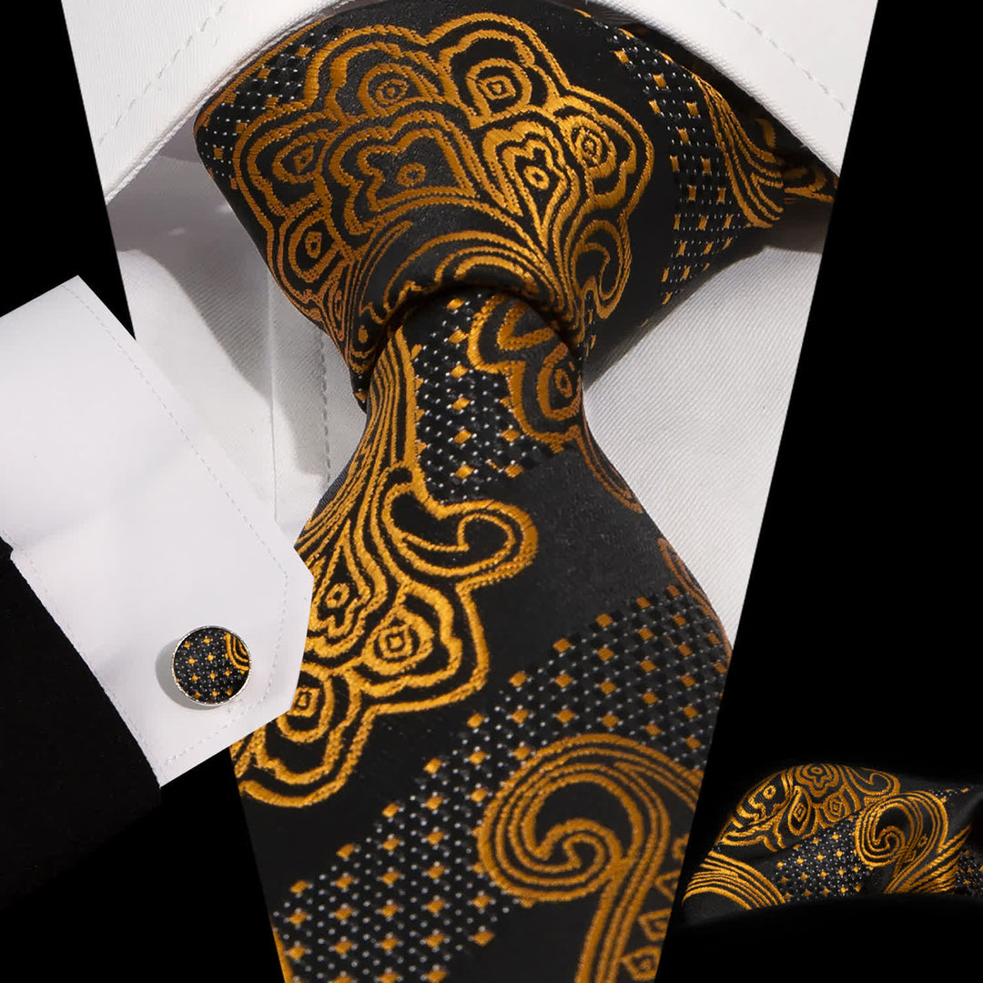 Set di 3 cravatte da uomo con ricamo Paisley squisito in oro e nero