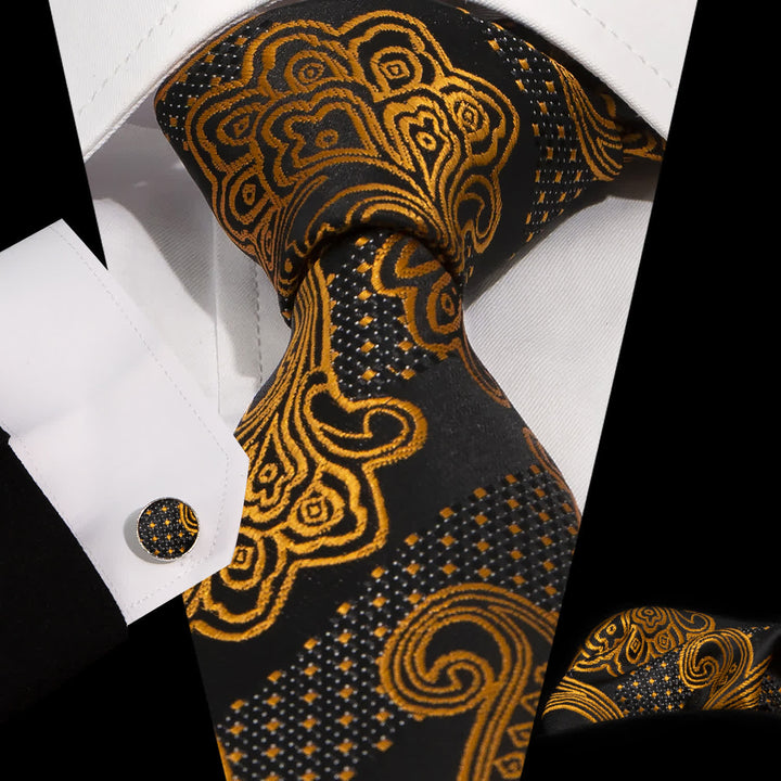 Set di 3 cravatte da uomo con ricamo Paisley squisito in oro e nero