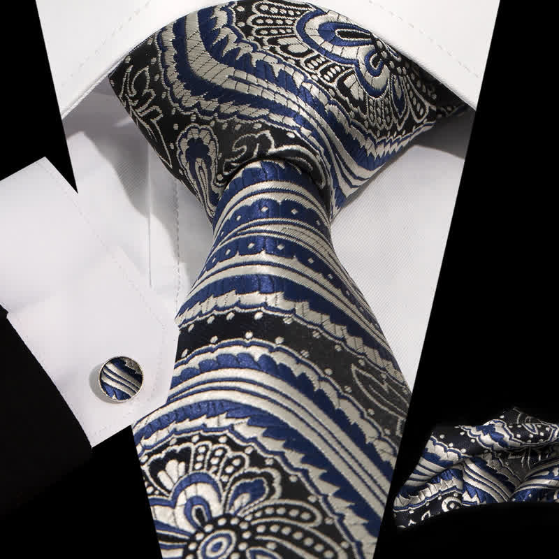 Set di 3 cravatte da uomo in jacquard con motivo Paisley blu e argento
