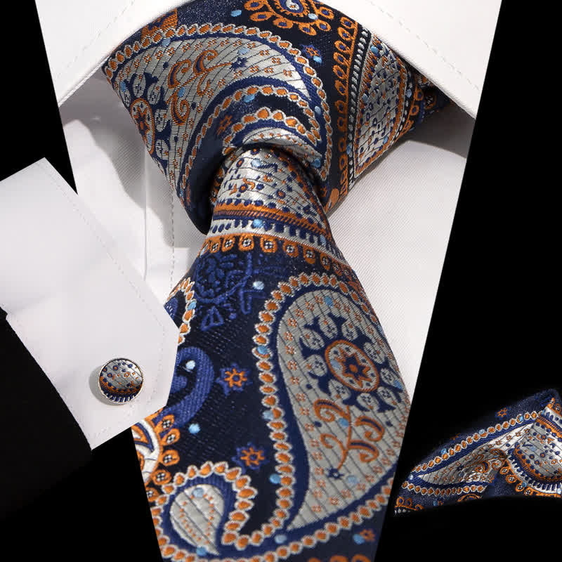 Set di 3 cravatte da uomo in jacquard Paisley blu navy bianco arancione