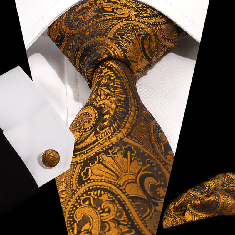 Set di 3 cravatte da uomo con motivo Paisley in oro e nero di lusso