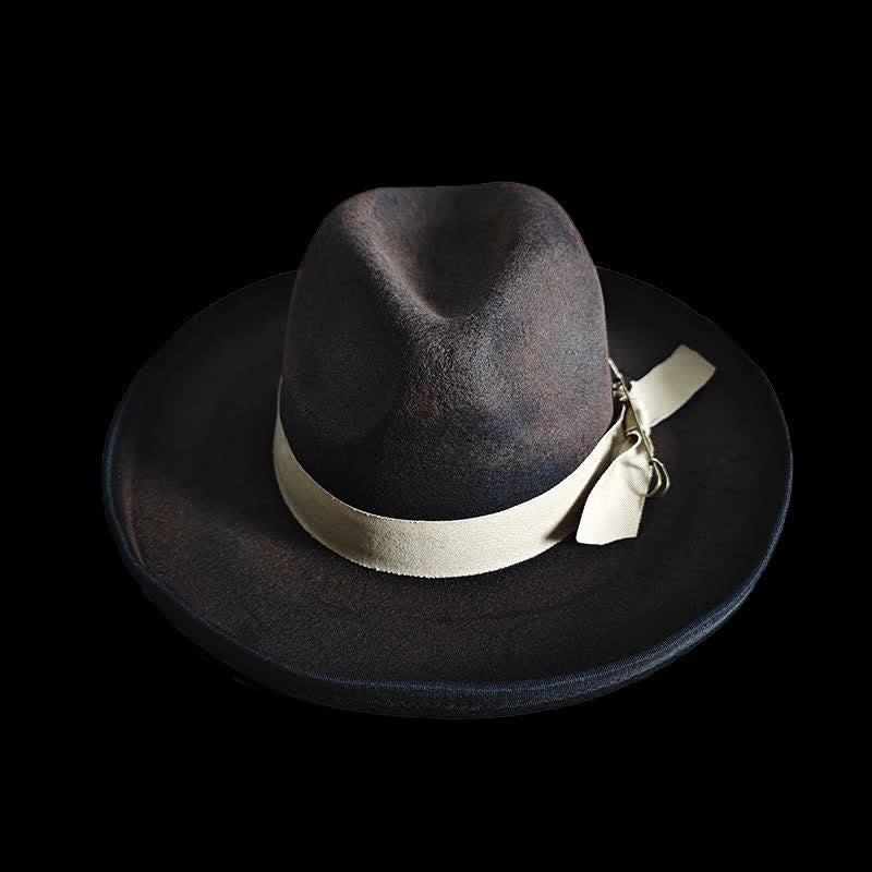 Cappello da cowboy con nodo a nastro in lana nera Fedora