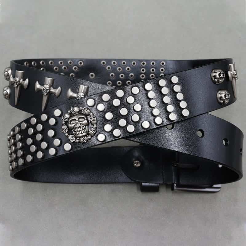 Cintura in pelle con borchie punk rock a 3 file con croce e teschio