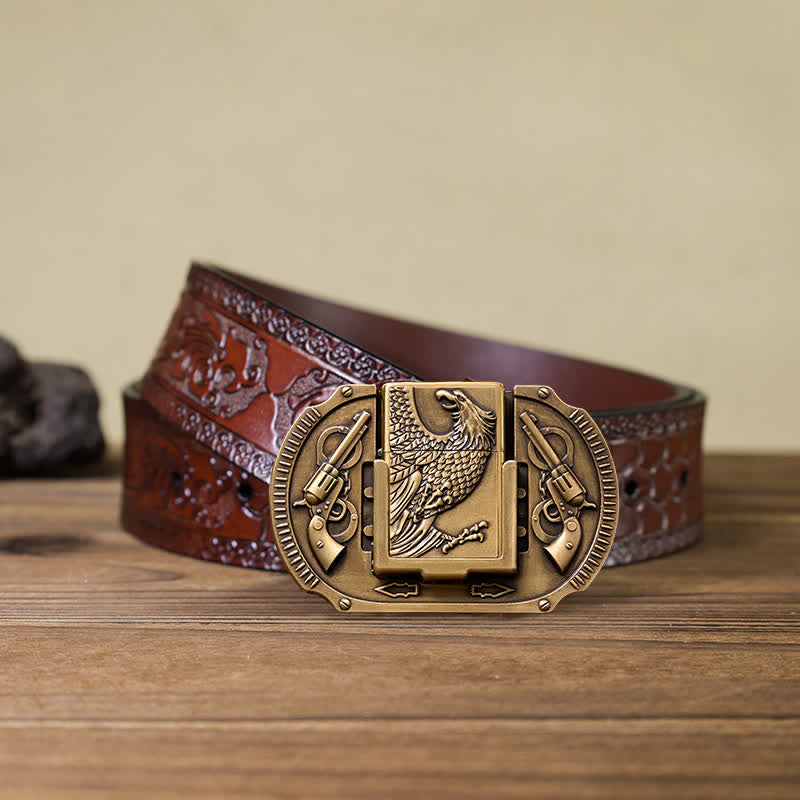Cintura in pelle fai da te da uomo con aquila in bronzo e accendino nascosto