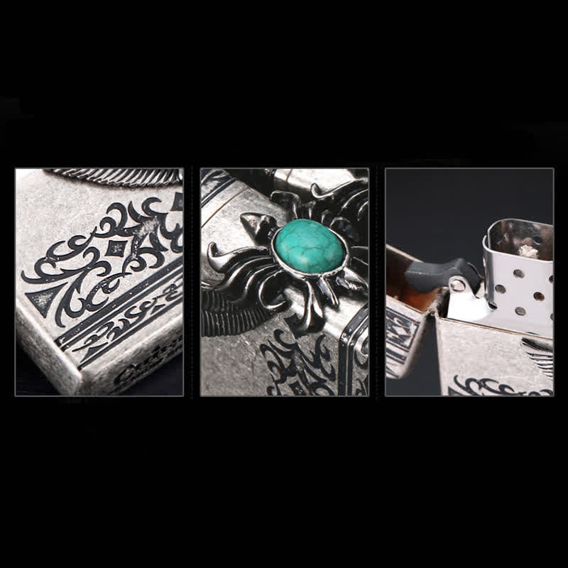 Accendino a cherosene ricaricabile con intarsi in turchese Eagle Wings