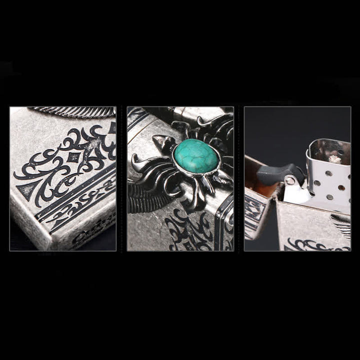 Accendino a cherosene ricaricabile con intarsi in turchese Eagle Wings