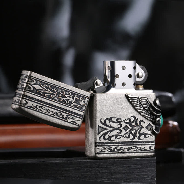 Accendino a cherosene ricaricabile con intarsi in turchese Eagle Wings