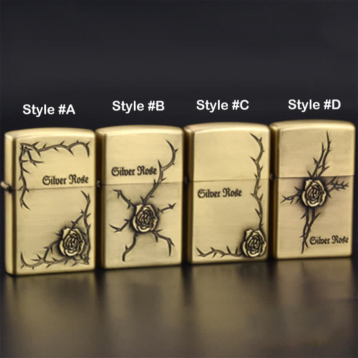 Accendino a cherosene ricaricabile con rose in rilievo in bronzo