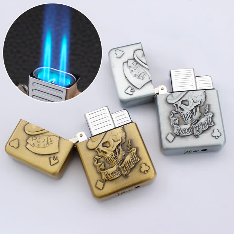 Accendino ricaricabile a butano con motivo a teschio e assi di carte da poker