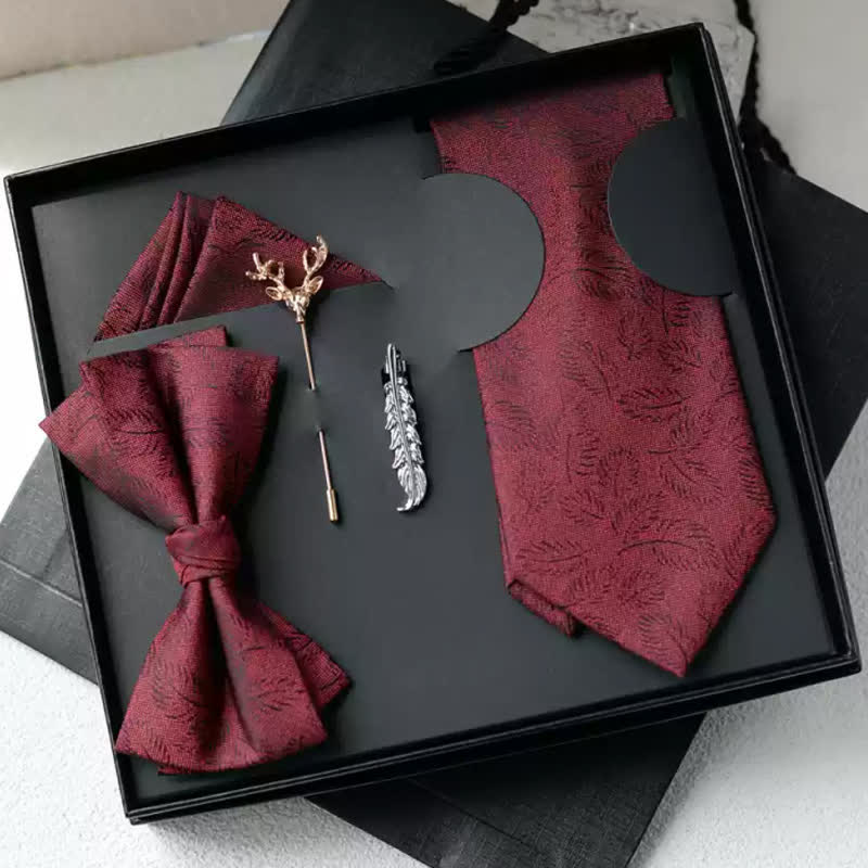 5 pezzi papillon con stampa foglie marrone scuro casual da uomo, confezione regalo