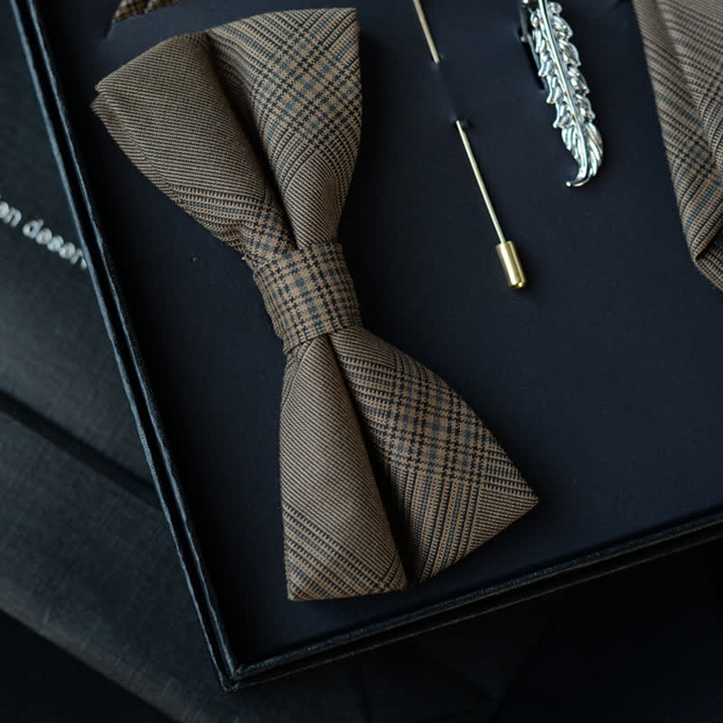 5 pezzi papillon vintage da uomo in stile caffè marrone a quadri, confezione regalo