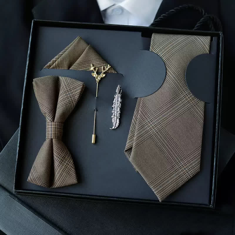 5 pezzi papillon vintage da uomo in stile caffè marrone a quadri, confezione regalo