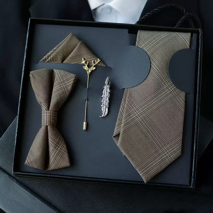 5 pezzi papillon vintage da uomo in stile caffè marrone a quadri, confezione regalo