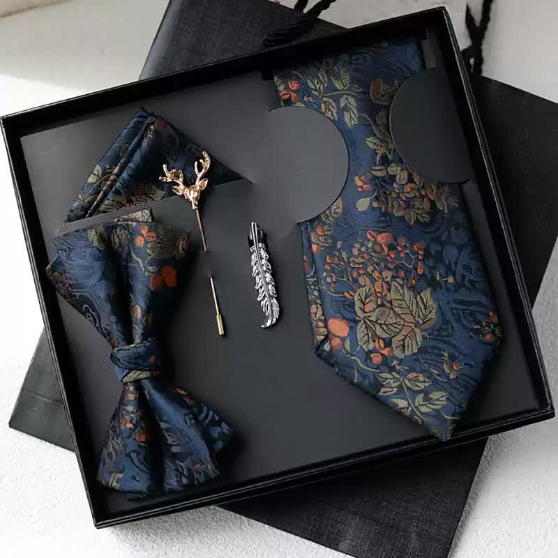 5 pezzi papillon estivi da uomo con fiori blu navy e arancioni, confezione regalo