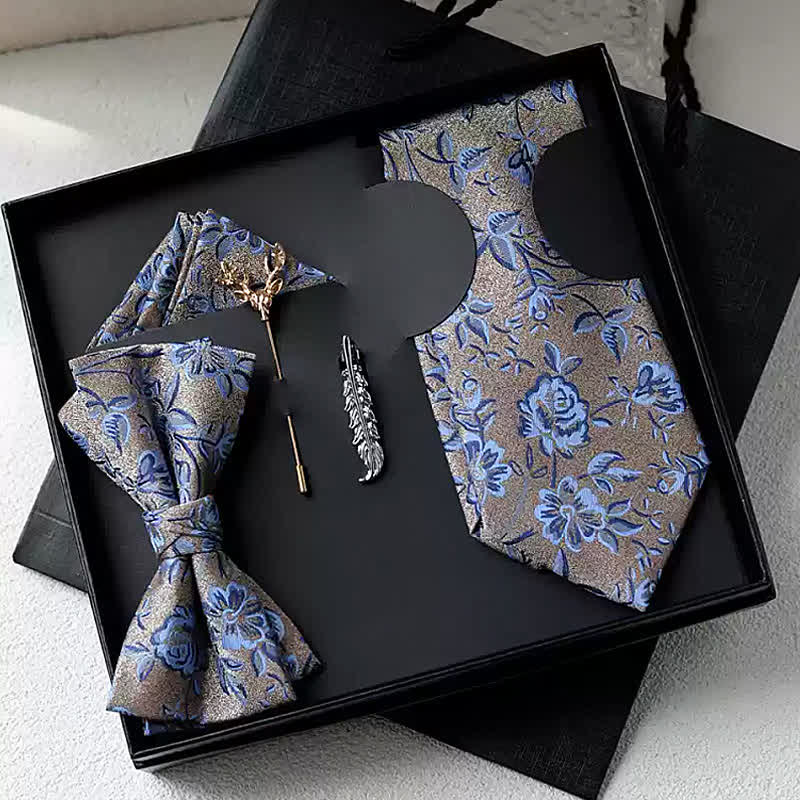 5 pezzi papillon floreali da uomo con rosa blu e marrone chiaro, confezione regalo