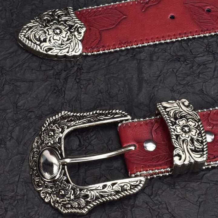 Cintura da donna in pelle con perline e catena rosso scuro in stile vintage