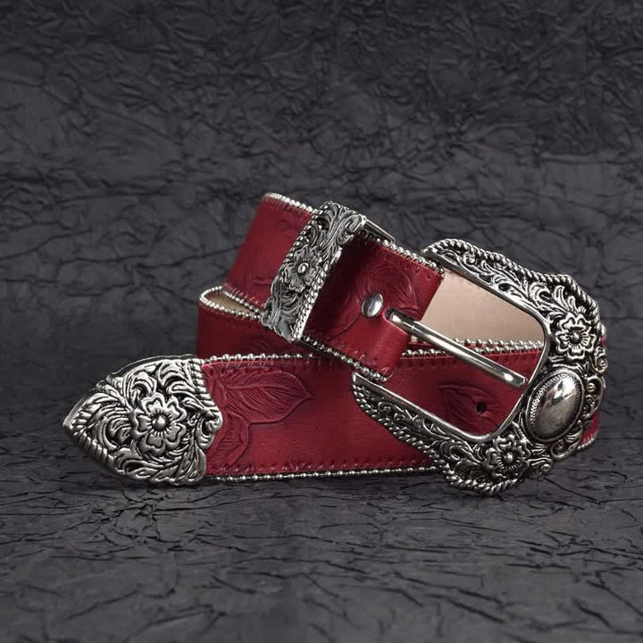 Cintura da donna in pelle con perline e catena rosso scuro in stile vintage