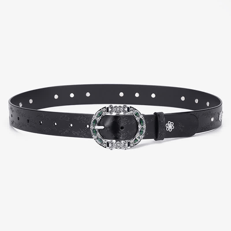 Cintura da donna in pelle con strass bianchi e verde scuro floreali