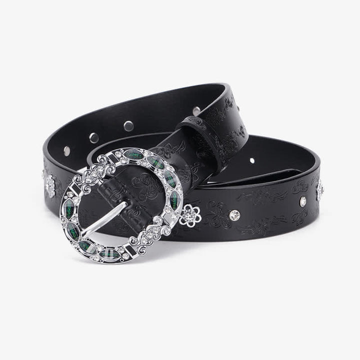 Cintura da donna in pelle con strass bianchi e verde scuro floreali