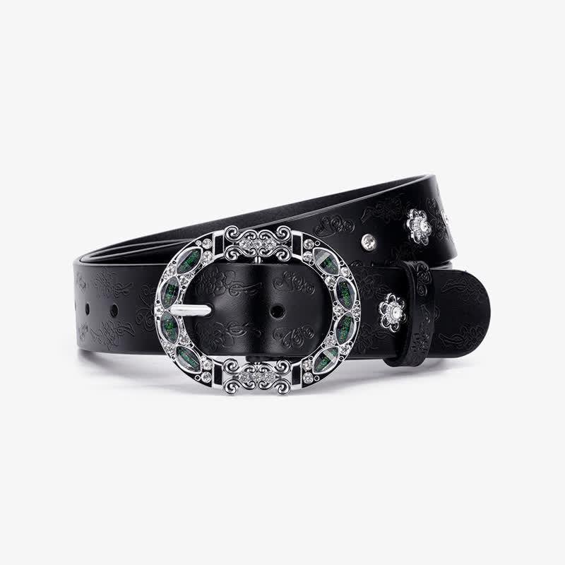 Cintura da donna in pelle con strass bianchi e verde scuro floreali