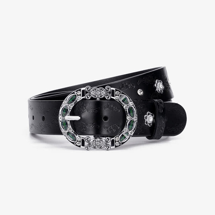 Cintura da donna in pelle con strass bianchi e verde scuro floreali