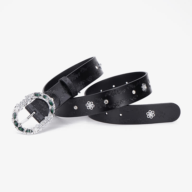 Cintura da donna in pelle con strass bianchi e verde scuro floreali