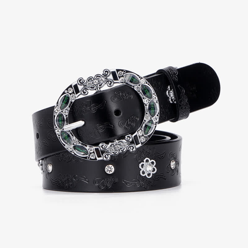 Cintura da donna in pelle con strass bianchi e verde scuro floreali