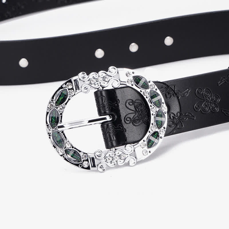 Cintura da donna in pelle con strass bianchi e verde scuro floreali