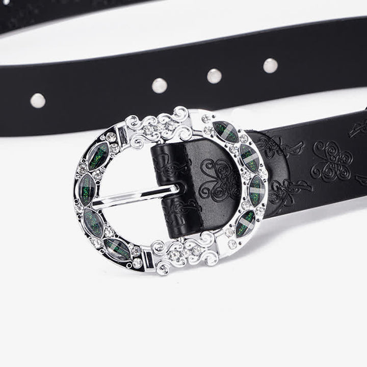 Cintura da donna in pelle con strass bianchi e verde scuro floreali
