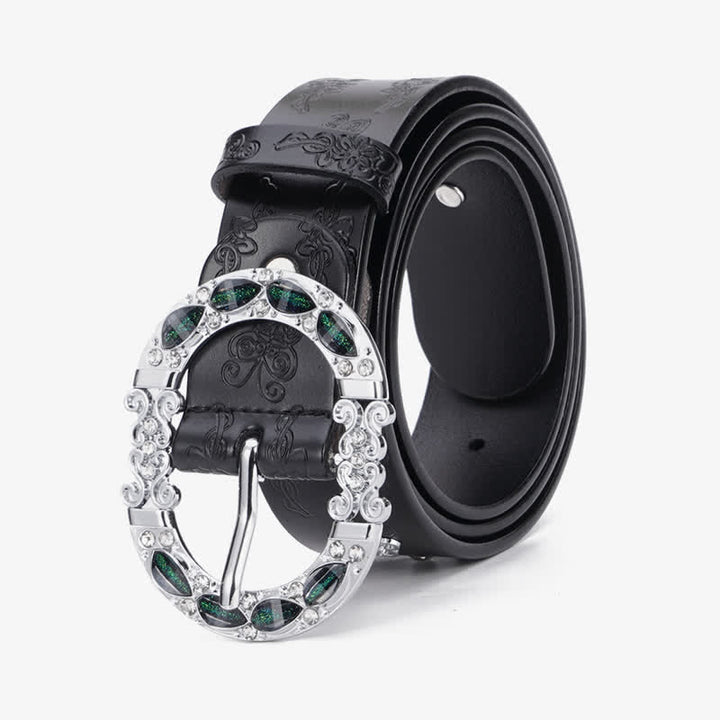 Cintura da donna in pelle con strass bianchi e verde scuro floreali