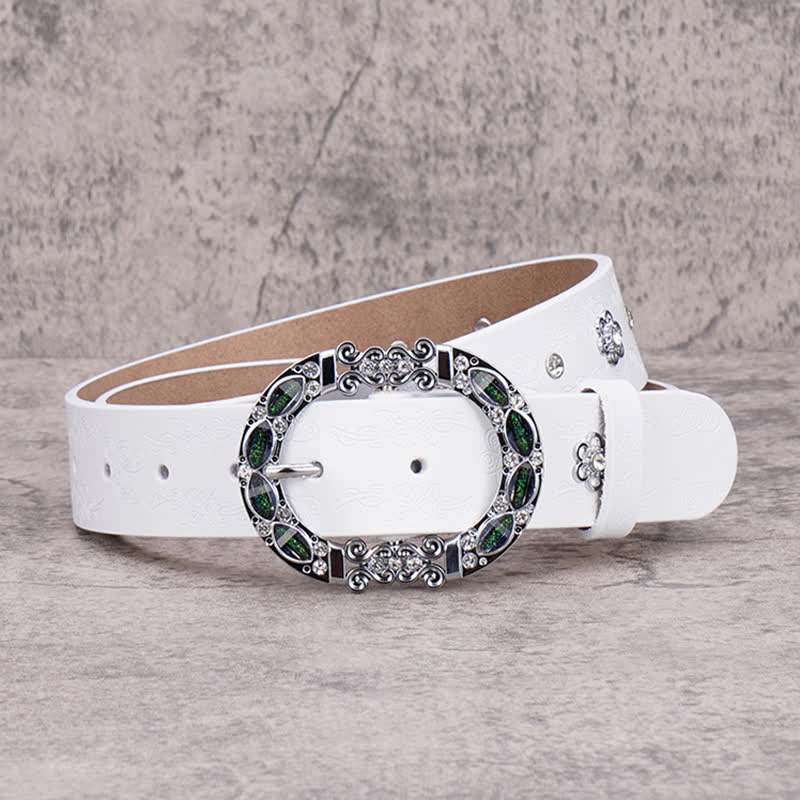 Cintura da donna in pelle con strass bianchi e verde scuro floreali