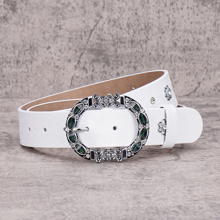 Cintura da donna in pelle con strass bianchi e verde scuro floreali