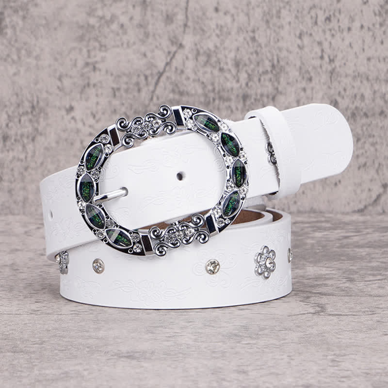 Cintura da donna in pelle con strass bianchi e verde scuro floreali