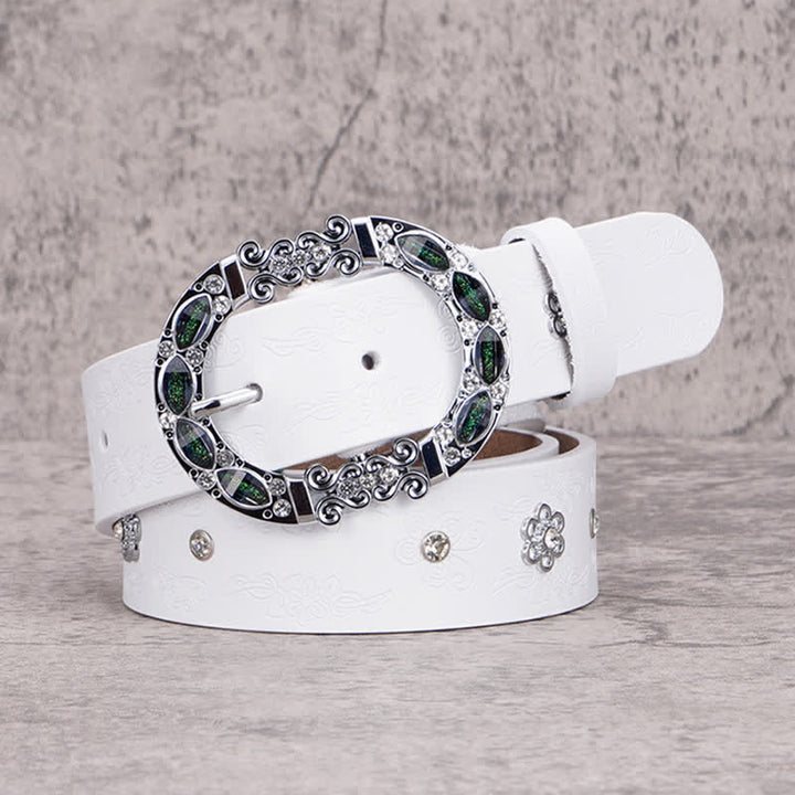 Cintura da donna in pelle con strass bianchi e verde scuro floreali