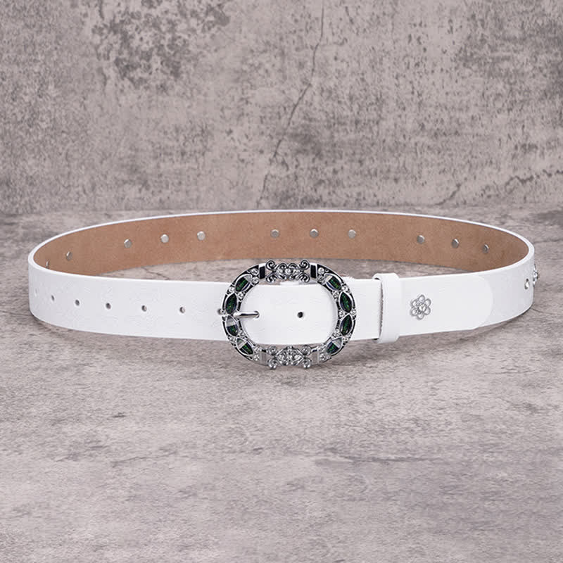 Cintura da donna in pelle con strass bianchi e verde scuro floreali
