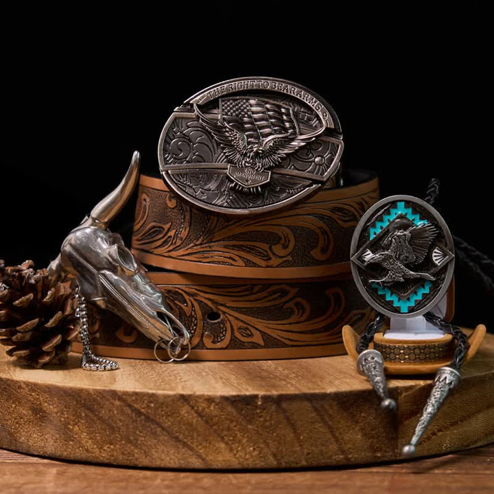 Set di Fibbia per Cintura con Coltello Nascosto Fai da Te con Bandiera dell'Aquila e Ciondolo Longhorn con Cravatta Bolo a Forma di Aquila