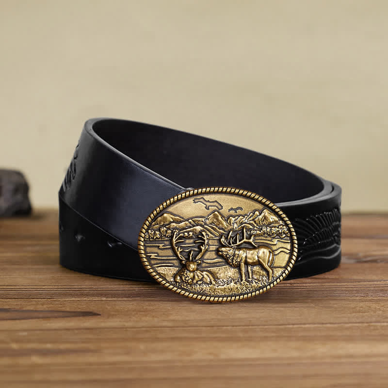 Cintura in pelle con fibbia in stile western con cervi della fauna selvatica fai da te da uomo