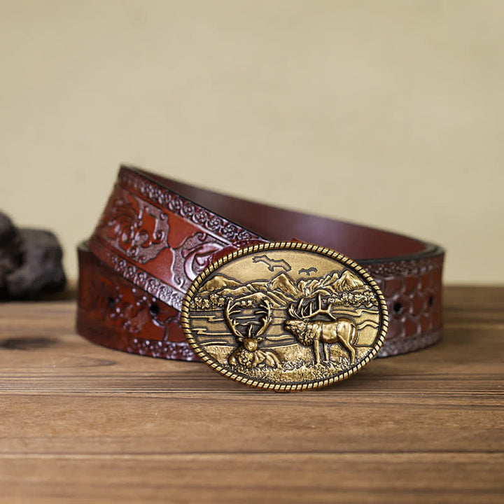 Cintura in pelle con fibbia in stile western con cervi della fauna selvatica fai da te da uomo