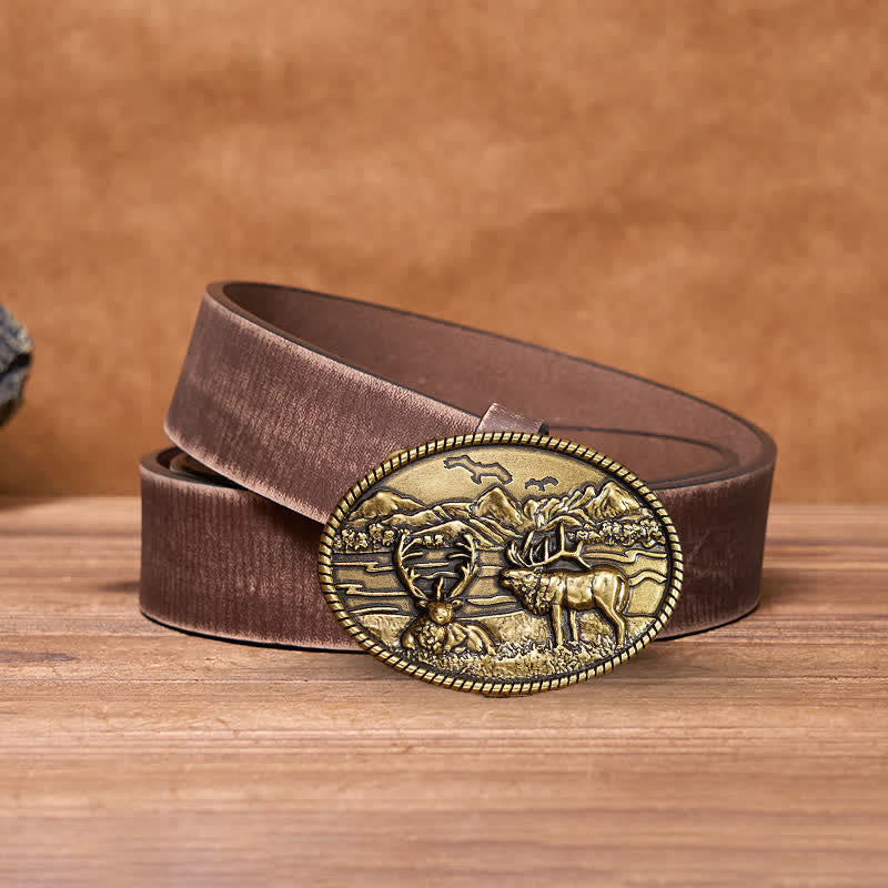 Cintura in pelle con fibbia in stile western con cervi della fauna selvatica fai da te da uomo