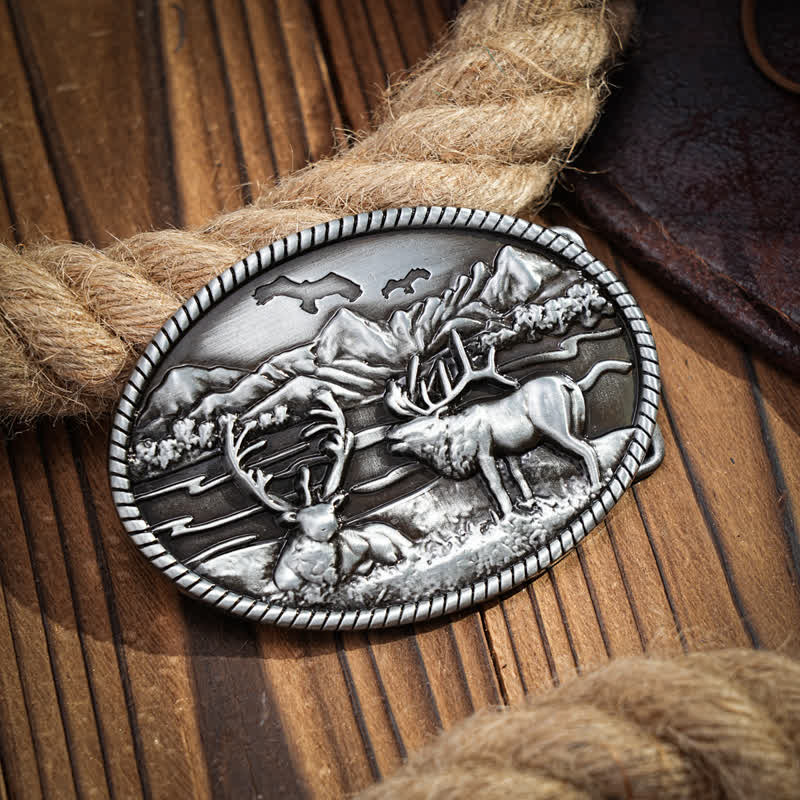 Cintura in pelle con fibbia in stile western con cervi della fauna selvatica fai da te da uomo