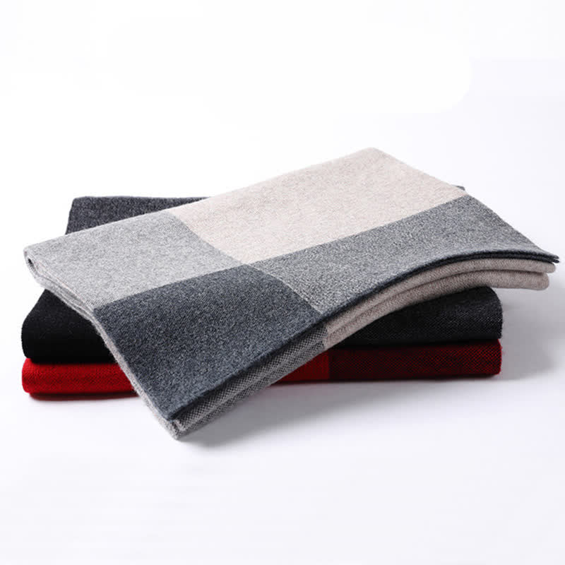 Sciarpa da uomo in lana a quadri e blocchi di colore a contrasto