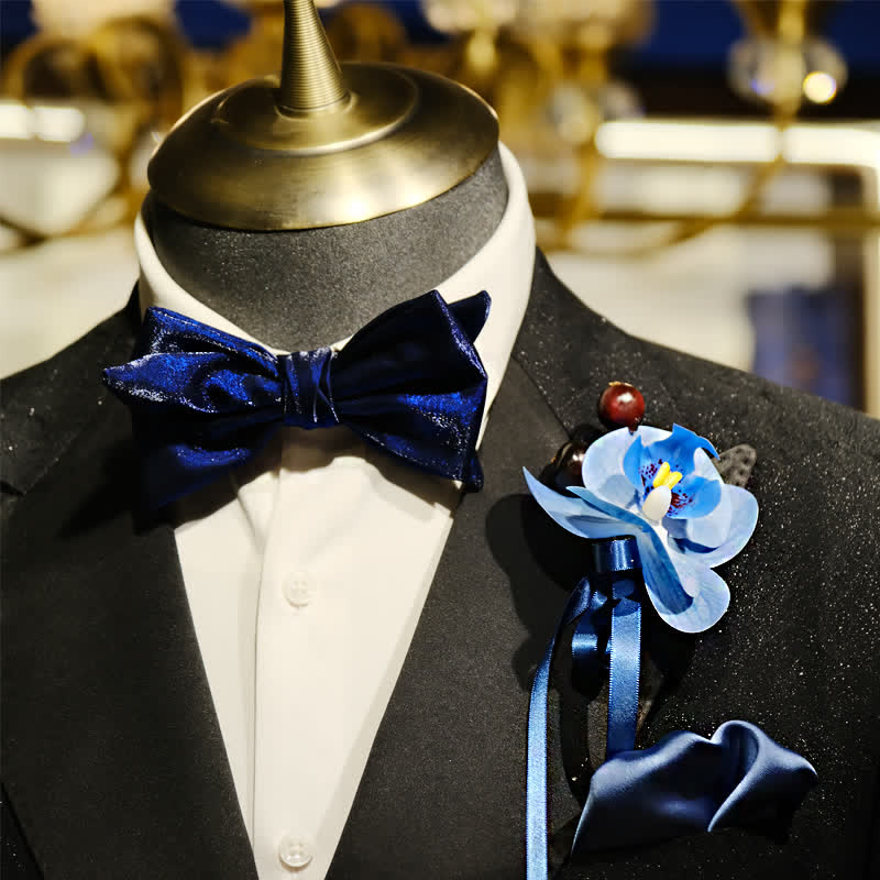 Set di 3 fazzoletti con spilla e papillon a coda di pesce con motivo Phalaenopsis blu da uomo