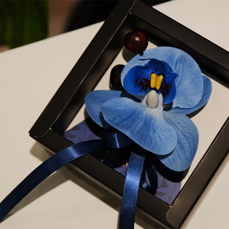 Set di 3 fazzoletti con spilla e papillon a coda di pesce con motivo Phalaenopsis blu da uomo