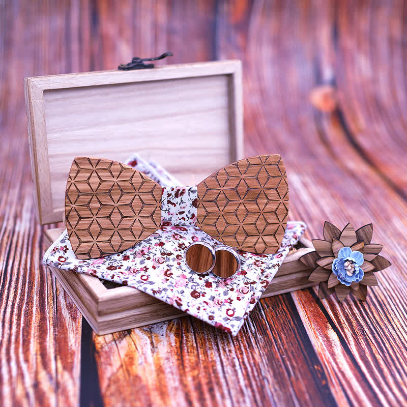 Set di 4 papillon in legno con intaglio geometrico da uomo