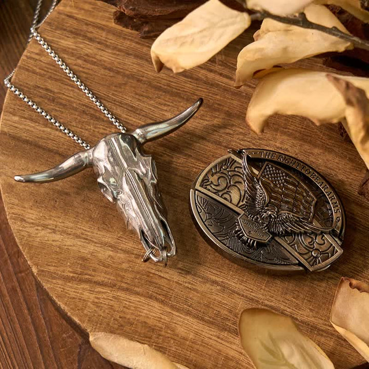Set di Fibbia per Cintura con Coltello Nascosto Fai da Te con Bandiera dell'Aquila e Ciondolo Longhorn con Cravatta Bolo a Forma di Aquila
