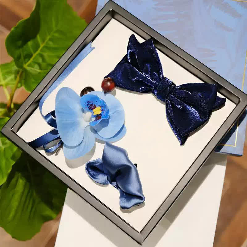 Set di 3 fazzoletti con spilla e papillon a coda di pesce con motivo Phalaenopsis blu da uomo